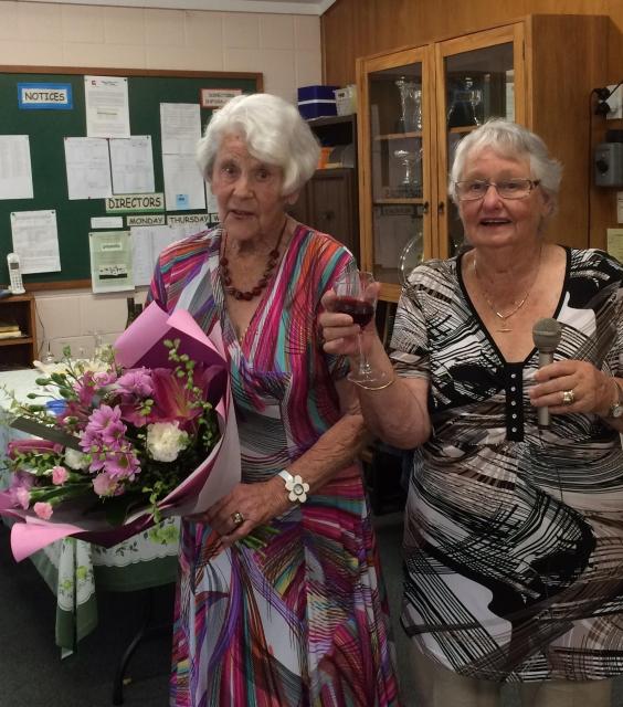 Sonia's Birthday at the Bridge Club: Sonia is toasted at the Matamata Bridge Club and presented with a bouquet by President, Jan Wills.